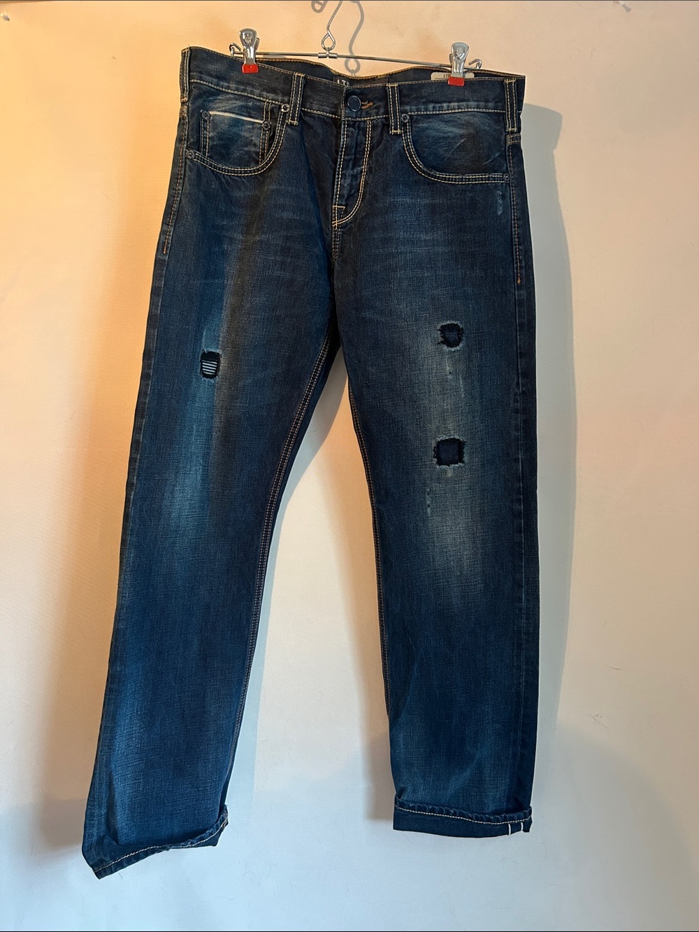 LTB Jeans Men's Dark Blue Distressed Jeans with selvedge. 32x32 low rise slim